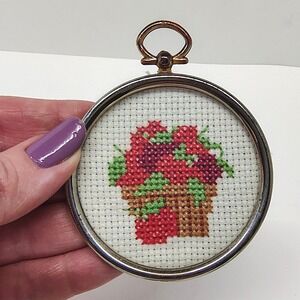 Cross Stitch Art Framed Basket of Flowers‎ Handmade Needlepoint Embroidery Decor